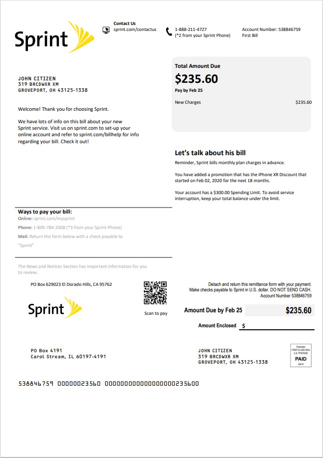 USA Sprint (T Mobile) utility bill template in Word and PDF format